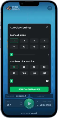 Fish Road Game Autoplay-Einstellungen mit Cash-out-Schritten