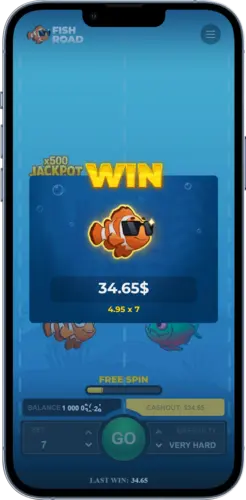 Fish Road Slot Gewinnbildschirm mit Auszahlung und Win Anzeige