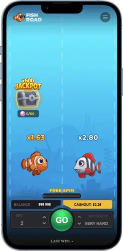 Fish Road Spielrunde mit verschiedenen Multiplikatoren und Cashout Option