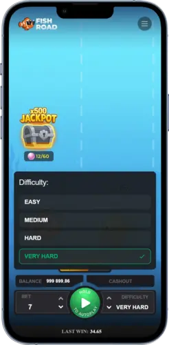 Fish Road Slot Bildschirm mit Schwierigkeitsauswahl und Startbutton