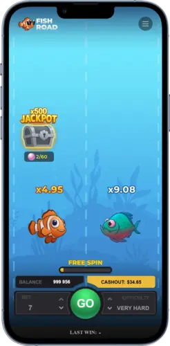 Fish Road Echtgeld Slot Anzeige mit zwei Fischen und Gewinnchance