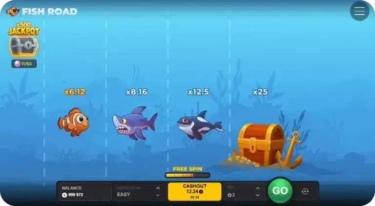 Fish Road Game Gameplay mit steigenden Multiplikatoren und Cash-Out